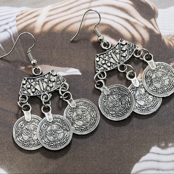 $8 SALE! Antiqued Silver Tibetan Coin Earrings - Picture 6 of 8